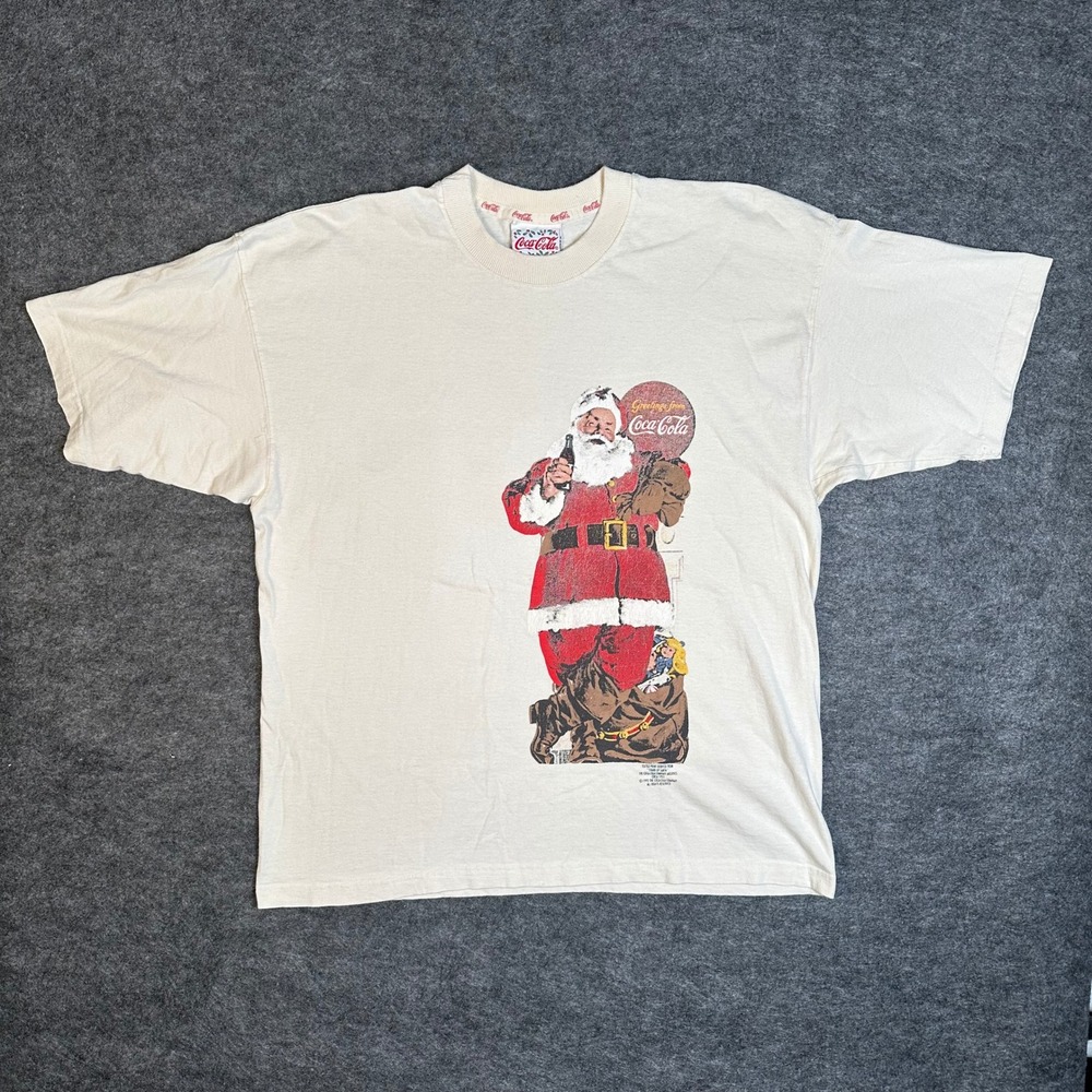 Vintage 1992 Coca-Cola Santa Christmas T-Shirt Cream Mens Large Made in USA